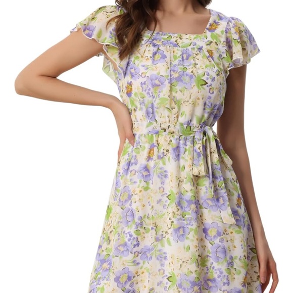 Allegra K - Floral Chiffon Flutter Sleeve Belted Square Neck Ruffled Hem Dress - Picture 2 of 10
